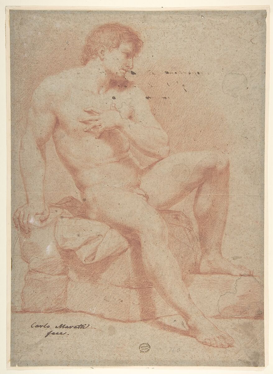Nude Male Figure, Ascribed to Carlo Maratti (Italian, Camerano 1625–1713 Rome), Red chalk on paper faded gray (originally blue-gray ?) 