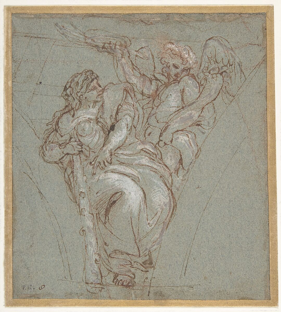 Virtue Crowned by Honor, Carlo Maratti (Italian, Camerano 1625–1713 Rome), Pen and brown ink, over red chalk, highlighted with white gouache, on blue paper 