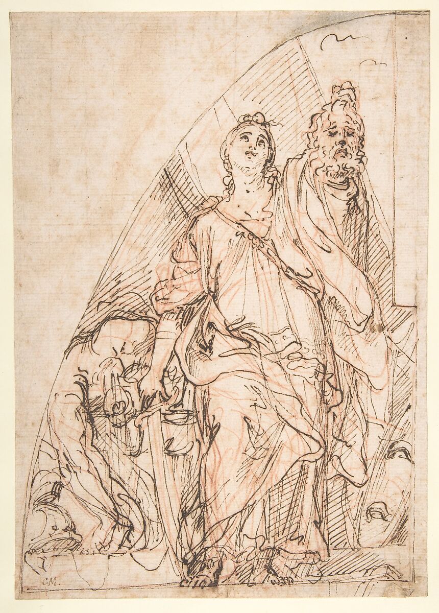 Judith Holding up the Head of Holofernes, Carlo Maratti (Italian, Camerano 1625–1713 Rome), Pen and brown ink, over red chalk 