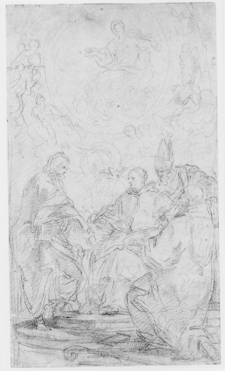 The Virgin Immaculate and Four Male Saints (Study for The Dispute over the Immaculate Conception), Carlo Maratti (Italian, Camerano 1625–1713 Rome), Red chalk on beige paper