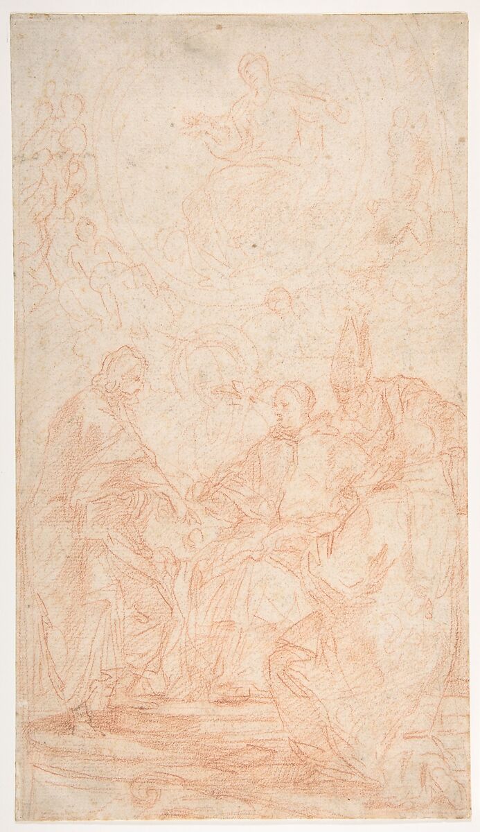 The Virgin Immaculate and Four Male Saints (Study for The Dispute over the Immaculate Conception), Carlo Maratti (Italian, Camerano 1625–1713 Rome), Red chalk on beige paper 