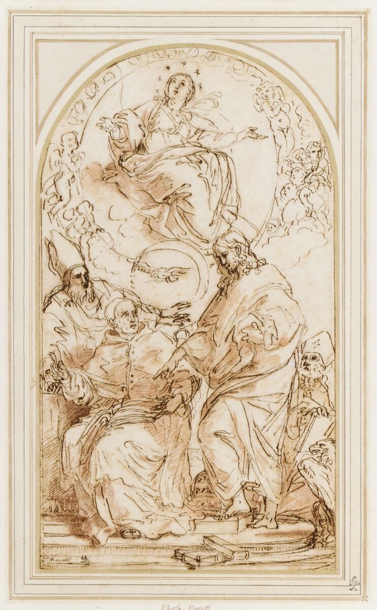 The Virgin Immaculate with the Four Doctors of the Church, Study for the Dispute over the Immaculate Conception, Carlo Maratti (Italian, Camerano 1625–1713 Rome), Pen and brown ink, red chalk, and a trace of brush and red wash