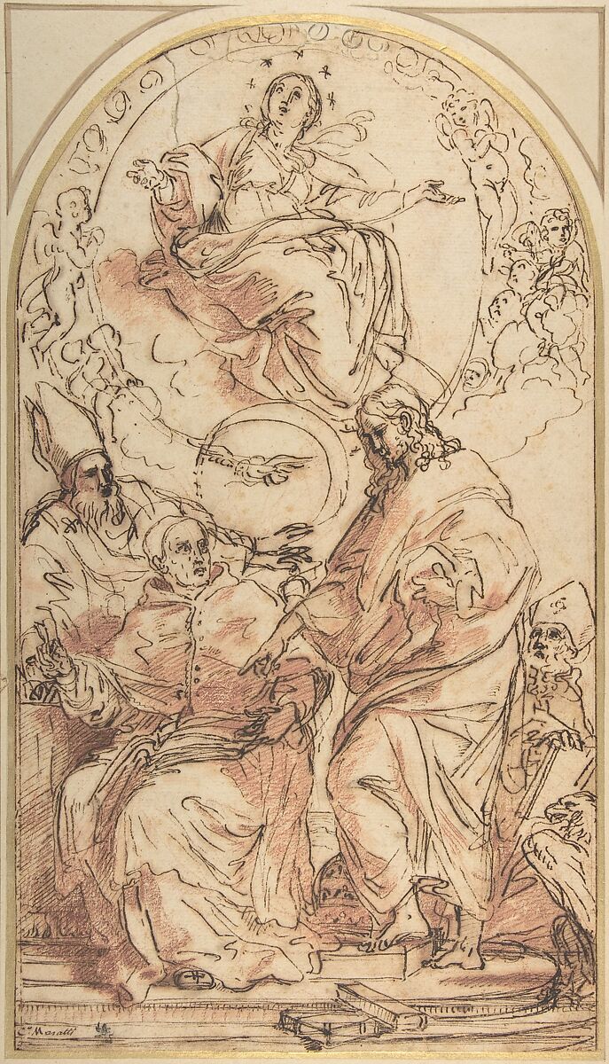 The Virgin Immaculate with the Four Doctors of the Church, Study for the Dispute over the Immaculate Conception, Carlo Maratti (Italian, Camerano 1625–1713 Rome), Pen and brown ink, red chalk, and a trace of brush and red wash 