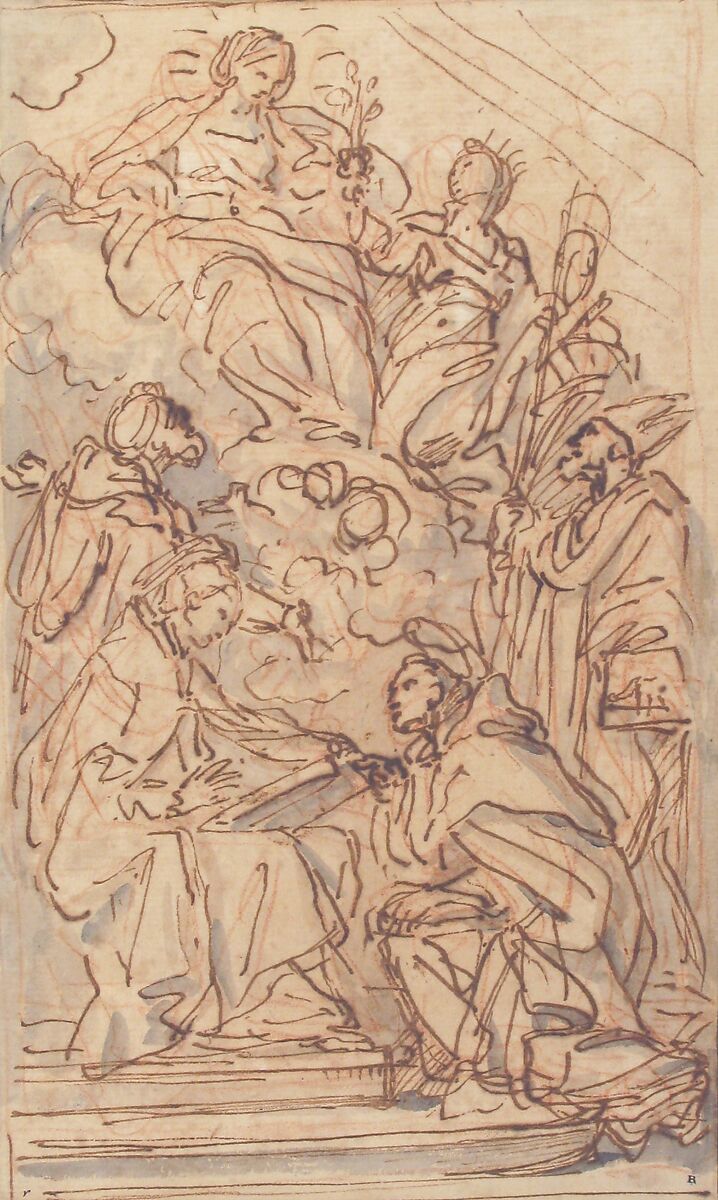 The Virgin with Female Attendant Appearing to Four Male Saints, Attributed to Carlo Maratti (Italian, Camerano 1625–1713 Rome), Pen and brown ink, brush and gray wash, over red chalk