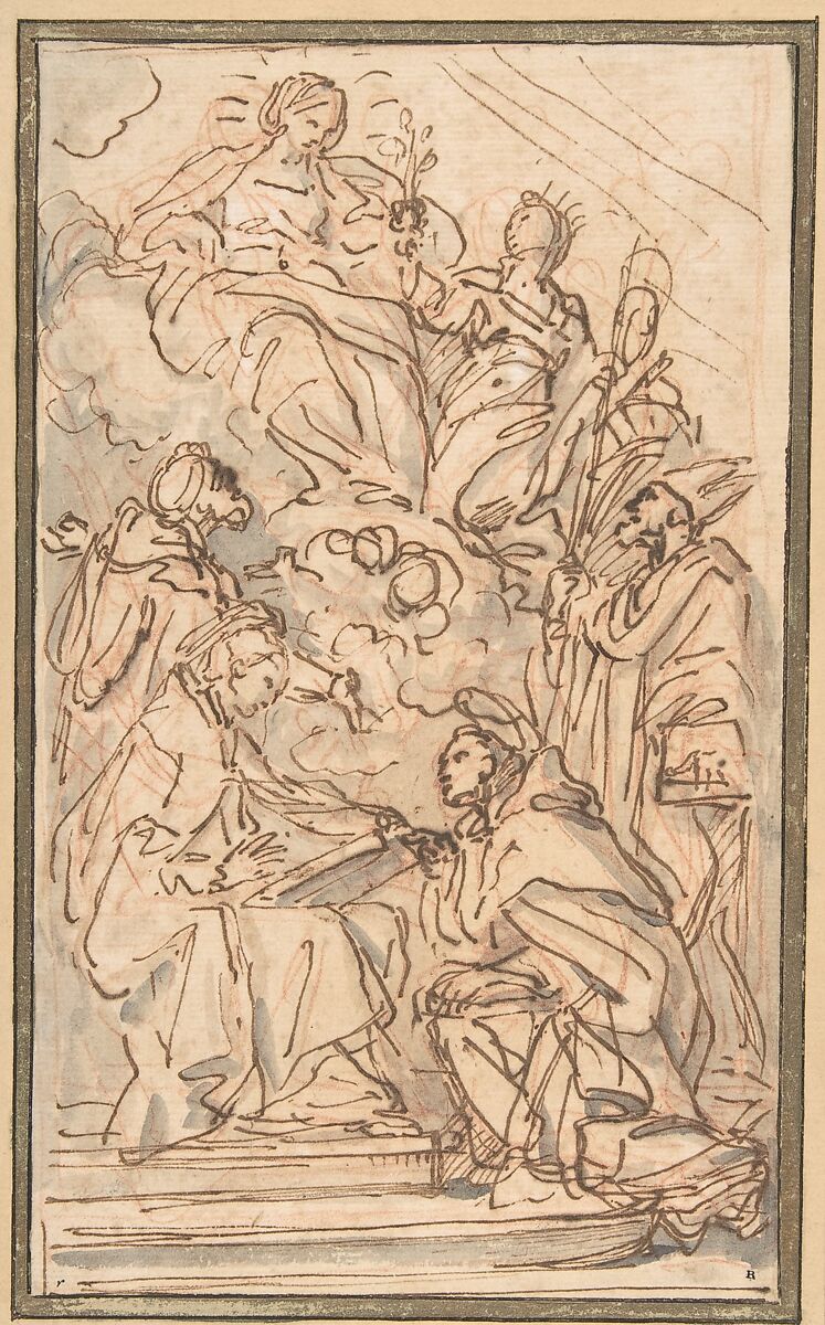 The Virgin with Female Attendant Appearing to Four Male Saints, Attributed to Carlo Maratti (Italian, Camerano 1625–1713 Rome), Pen and brown ink, brush and gray wash, over red chalk 