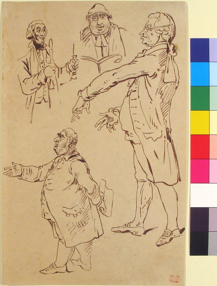 Studies of Four Englishmen, after James Gillray, Eugène Delacroix (French, Charenton-Saint-Maurice 1798–1863 Paris), Brush and brown ink on tracing paper, laid down