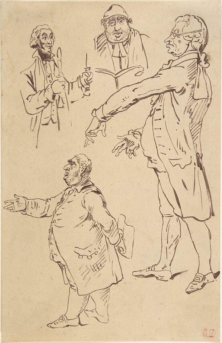 Studies of Four Englishmen, after James Gillray, Eugène Delacroix  French, Brush and brown ink on tracing paper, laid down