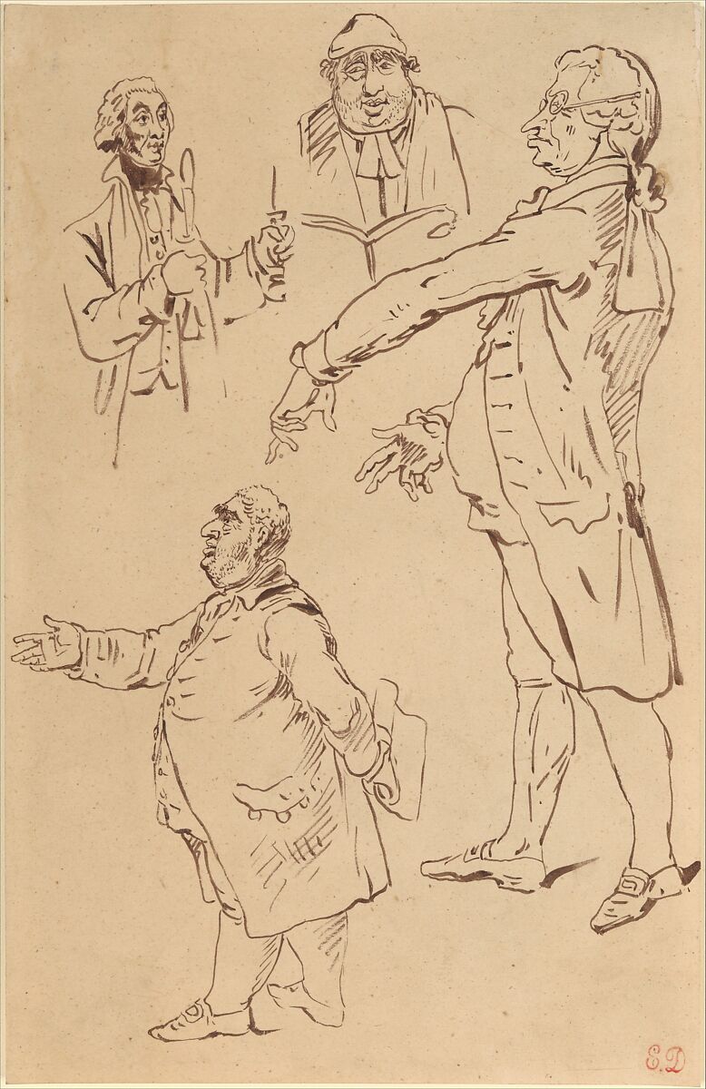 Studies of Four Englishmen, after James Gillray, Eugène Delacroix (French, Charenton-Saint-Maurice 1798–1863 Paris), Brush and brown ink on tracing paper, laid down