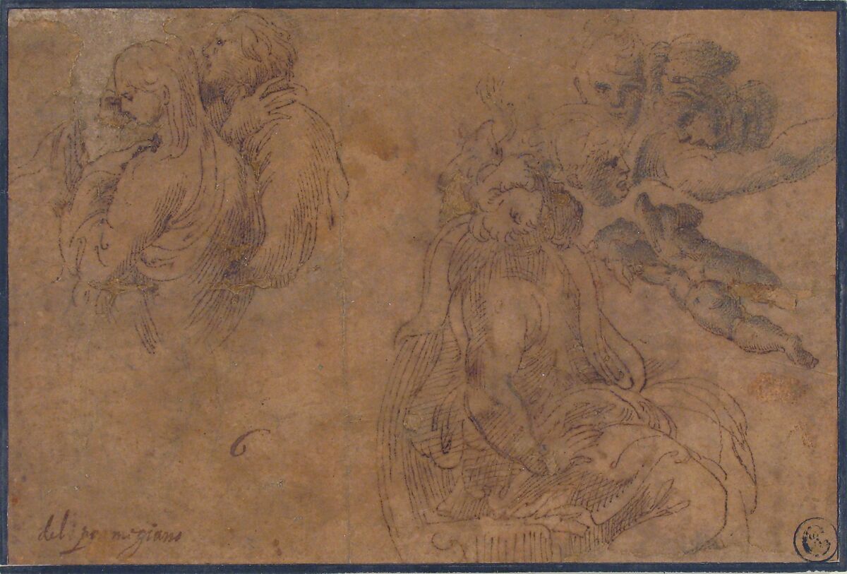 Studies of Figures, Imitator of Parmigianino (Girolamo Francesco Maria Mazzola) (Italian, Parma 1503–1540 Casalmaggiore), Pen and brown ink, over black chalk, on yellow-brown paper