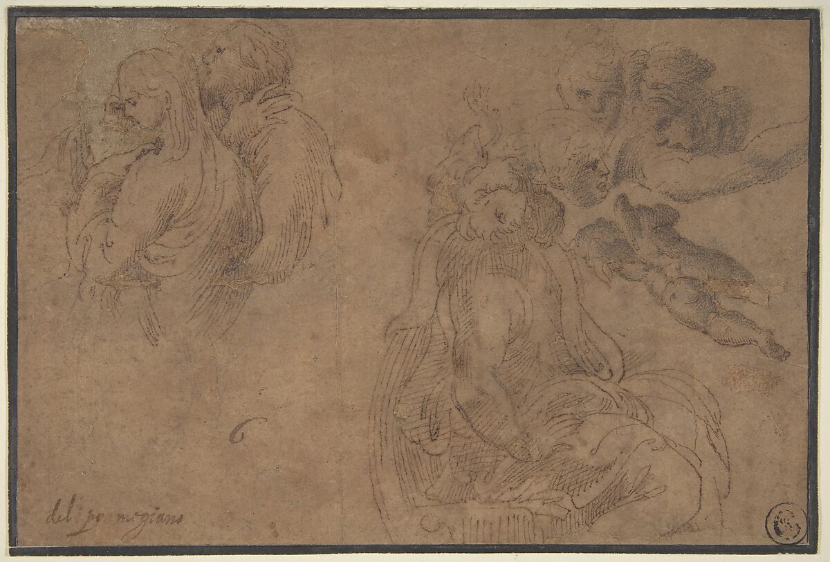 Studies of Figures, Imitator of Parmigianino (Girolamo Francesco Maria Mazzola) (Italian, Parma 1503–1540 Casalmaggiore), Pen and brown ink, over black chalk, on yellow-brown paper 