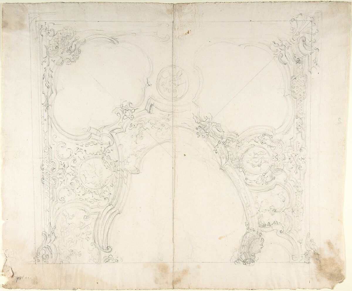Design for One Half of a Ceiling with Medaillons with Figure Sketches Inside (recto); Design for an Interior Wall Elevation (verso), Workshop of Leonardo Marini (Italian, Piedmontese documented ca. 1730–after 1797), Black chalk or graphite with ruled and compass construction 