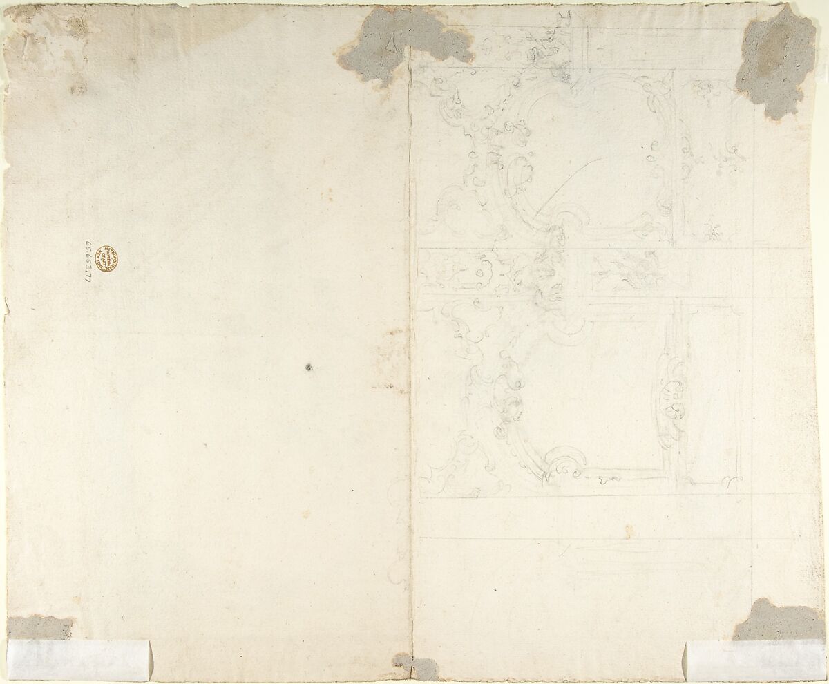 Design for One Half of a Ceiling with Medaillons with Figure Sketches Inside (recto); Design for an Interior Wall Elevation (verso), Workshop of Leonardo Marini (Italian, Piedmontese documented ca. 1730–after 1797), Black chalk or graphite with ruled and compass construction