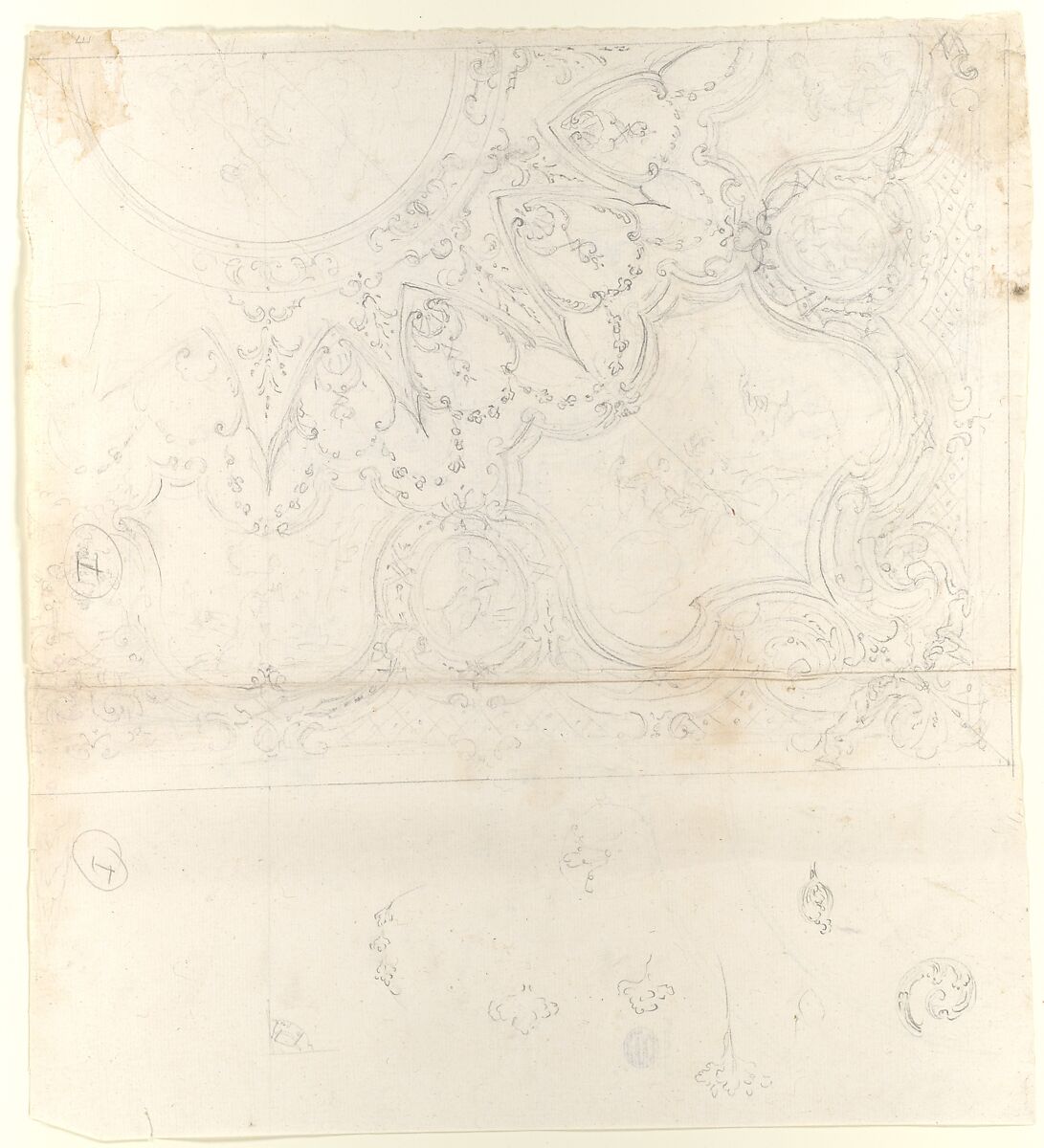 Design for One Quarter of a Ceiling with a Medallion at the Center (recto); Design for a Quarter of a Ceiling with a Medallion at the Corner and a Medallion at the Center (verso), Workshop of Leonardo Marini (Italian, Piedmontese documented ca. 1730–after 1797), Graphite with some ruled and compass construction