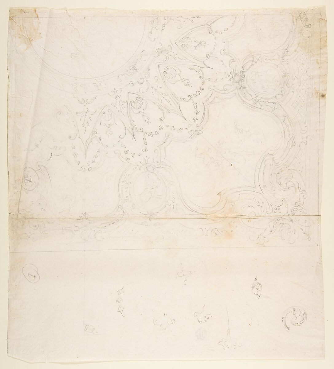 Design for One Quarter of a Ceiling with a Medallion at the Center (recto); Design for a Quarter of a Ceiling with a Medallion at the Corner and a Medallion at the Center (verso), Workshop of Leonardo Marini (Italian, Piedmontese documented ca. 1730–after 1797), Graphite with some ruled and compass construction 