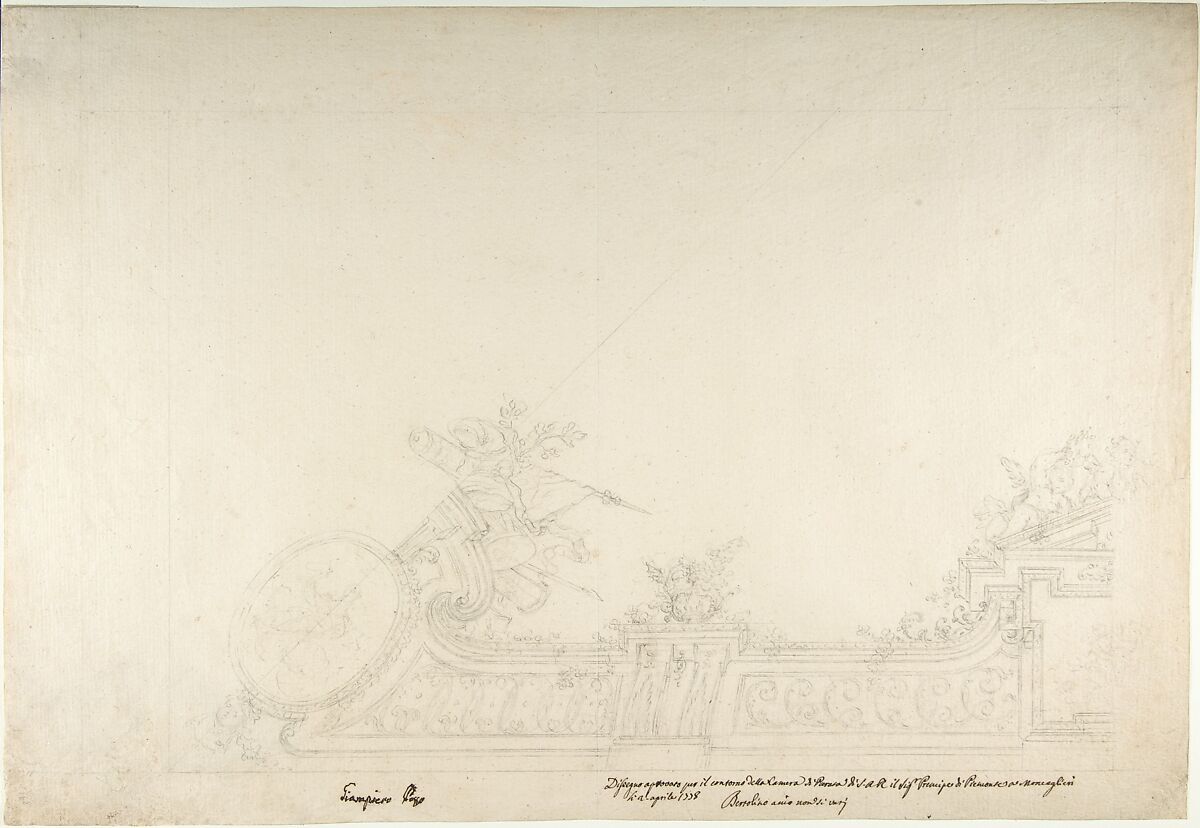 Design for One Eighth of a Ceiling of a Reception Room at the Royal Palace at Moncalieri, Leonardo Marini (Italian, Piedmontese documented ca. 1730–after 1797), Black chalk or leadpoint; ruler and compass constructed 
