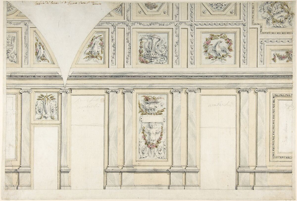 Design for the Interior of a Gallery of a Palace, Leonardo Marini (Italian, Piedmontese documented ca. 1730–after 1797), Pen and black ink, brush with gray, yellow, green and pink watercolor, over black chalk or leadpoint; ruler and compass constructed 