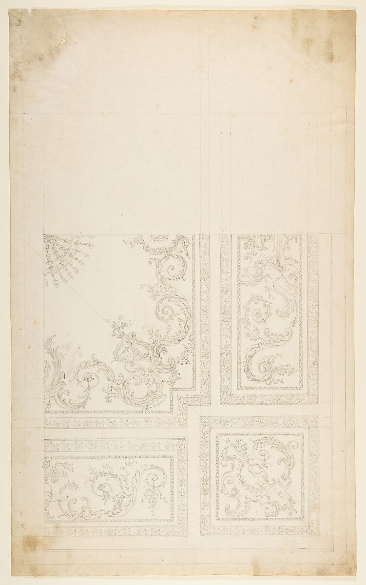 One Quarter of a Design for a Ceiling of a Room with Halved Variant Designs, Workshop of Leonardo Marini (Italian, Piedmontese documented ca. 1730–after 1797), Graphite with ruled and compass construction 