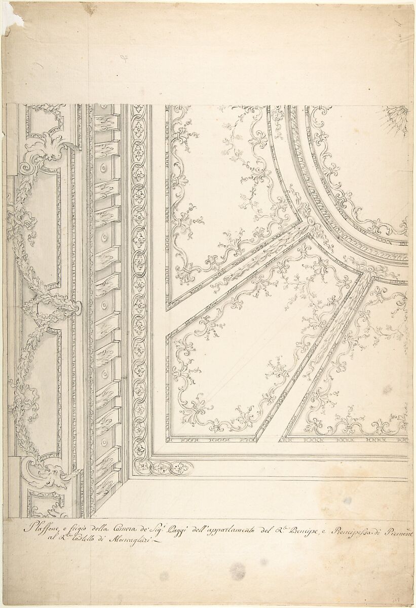 Clean Copy Presentation Draft: One Quarter of a Design for a Ceiling of a Room (recto); Scales and Construction Lines for Another Design (verso), Workshop of Leonardo Marini (Italian, Piedmontese documented ca. 1730–after 1797), Pen with black and gray ink, brush and gray wash, over leadpoint or graphite, ruler and compass constructed 