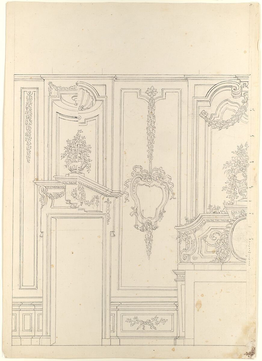 Design for a Wall Elevation with Halved Alternate Designs for the Doorway (recto); Designs for a Quarter of a Ceiling, Design for a Wall Elevation (verso), Workshop of Leonardo Marini (Italian, Piedmontese documented ca. 1730–after 1797), Pen and gray ink over black chalk with ruled and compass construction