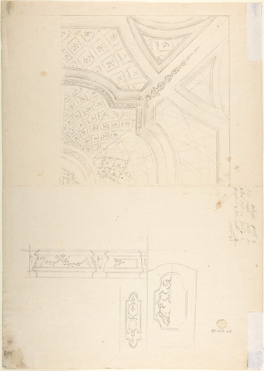 Design for a Wall Elevation with Halved Alternate Designs for the Doorway (recto); Designs for a Quarter of a Ceiling, Design for a Wall Elevation (verso), Workshop of Leonardo Marini (Italian, Piedmontese documented ca. 1730–after 1797), Pen and gray ink over black chalk with ruled and compass construction