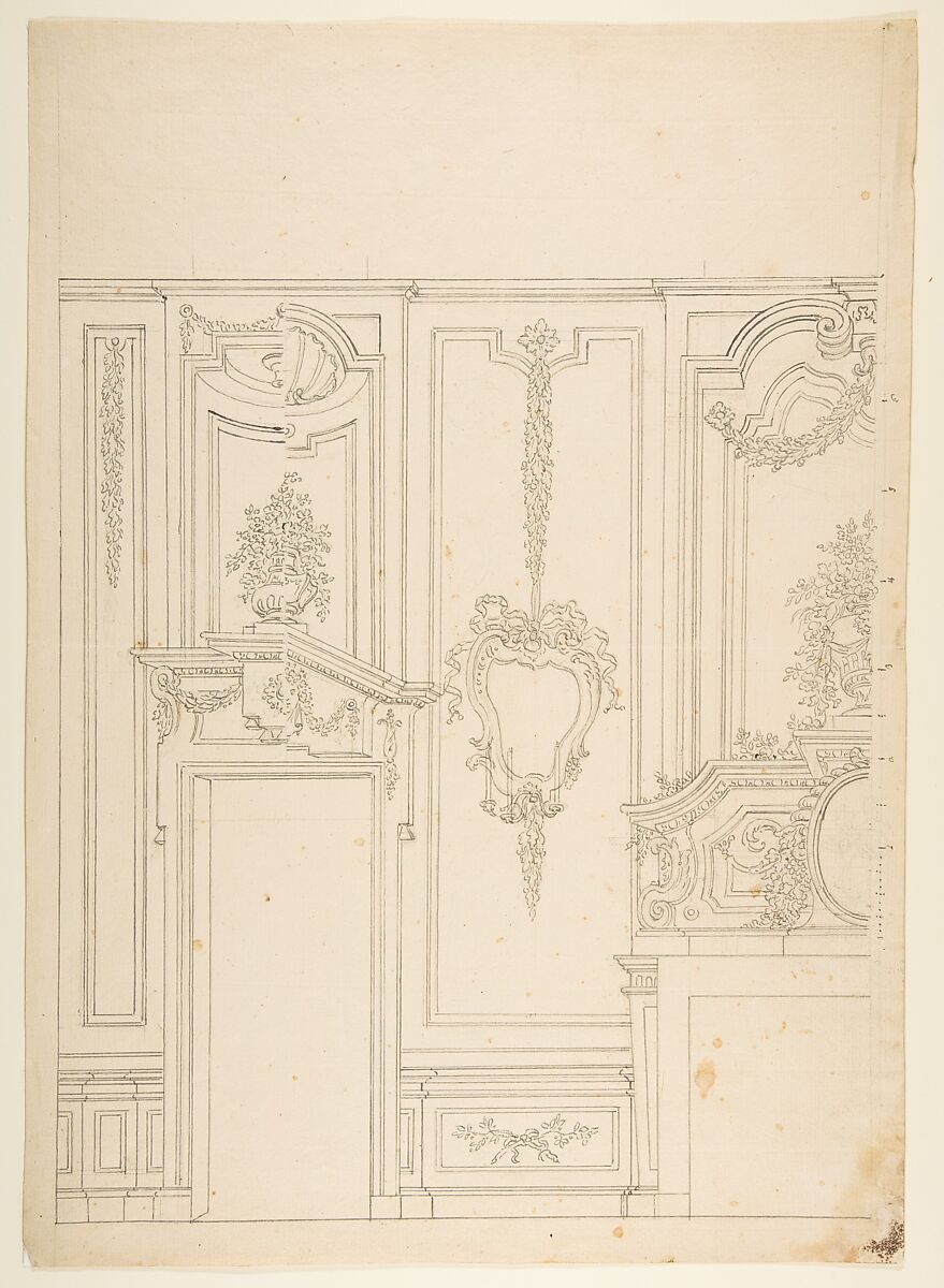 Design for a Wall Elevation with Halved Alternate Designs for the Doorway (recto); Designs for a Quarter of a Ceiling, Design for a Wall Elevation (verso), Workshop of Leonardo Marini (Italian, Piedmontese documented ca. 1730–after 1797), Pen and gray ink over black chalk with ruled and compass construction 