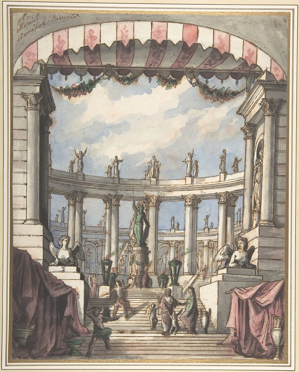 Design for a Stage Set: A Classical Courtyard and Colonnade with a Statue of Minerva, Leonardo Marini (Italian, Piedmontese documented ca. 1730–after 1797), Pen and brown ink, brush with gray, blue, green and pink watercolor, over graphite or lead, on cream laid paper 