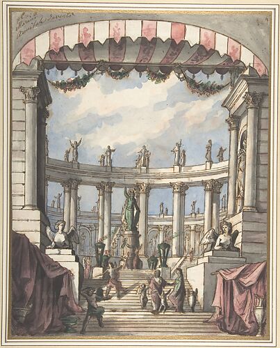 Design for a Stage Set: A Classical Courtyard and Colonnade with a Statue of Minerva