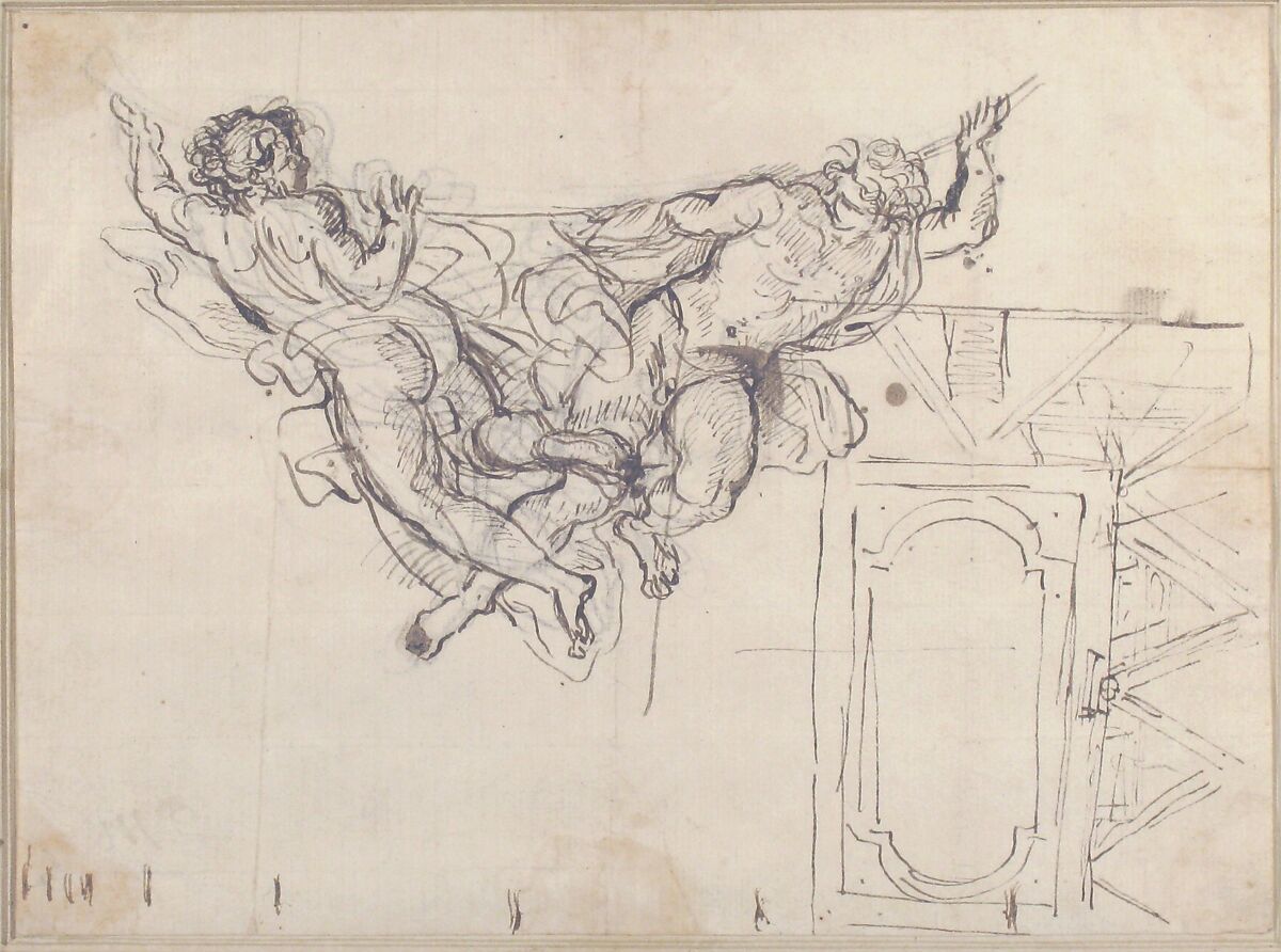 Study for Nude Male Figures Supporting a Frame and Plan of the Ceiling Decoration of Palazzo Altieri, Rome, Carlo Maratti (Italian, Camerano 1625–1713 Rome), Pen and brown ink, some brush and brown wash, over black chalk