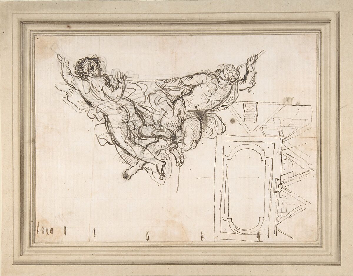 Study for Nude Male Figures Supporting a Frame and Plan of the Ceiling Decoration of Palazzo Altieri, Rome, Carlo Maratti (Italian, Camerano 1625–1713 Rome), Pen and brown ink, some brush and brown wash, over black chalk 