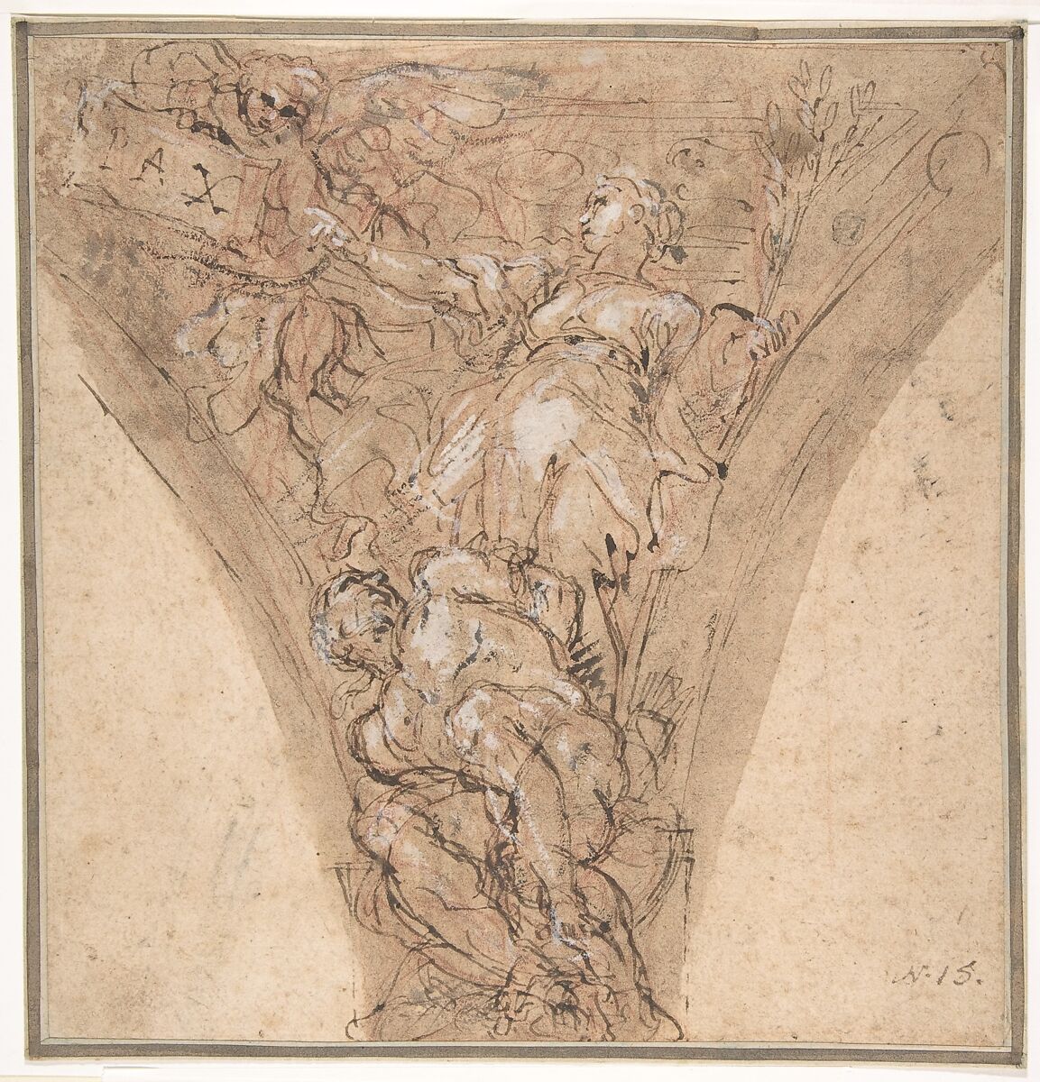 Allegorical Figure of Peace, Carlo Maratti (Italian, Camerano 1625–1713 Rome), Pen and brown ink, highlighted with white gouache, over red chalk, on light brown washed paper (the form of the spandrel is indicated in brown wash) 