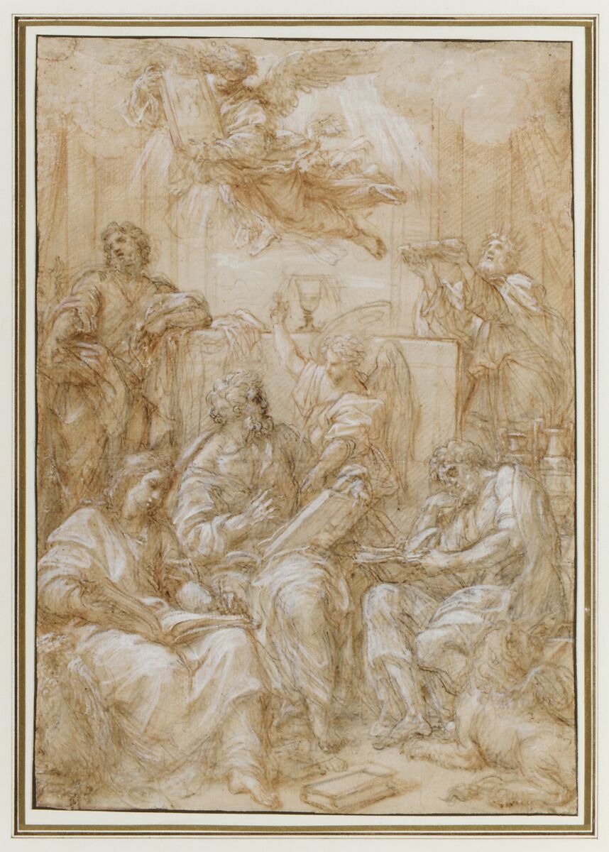 Allegory of the Old and New Dispensations, Carlo Maratti (Italian, Camerano 1625–1713 Rome), Pen and brown ink, over black and red chalk, highlighted with white gouache, on light brown paper