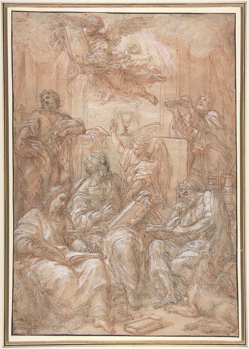 Allegory of the Old and New Dispensations, Carlo Maratti (Italian, Camerano 1625–1713 Rome), Pen and brown ink, over black and red chalk, highlighted with white gouache, on light brown paper 