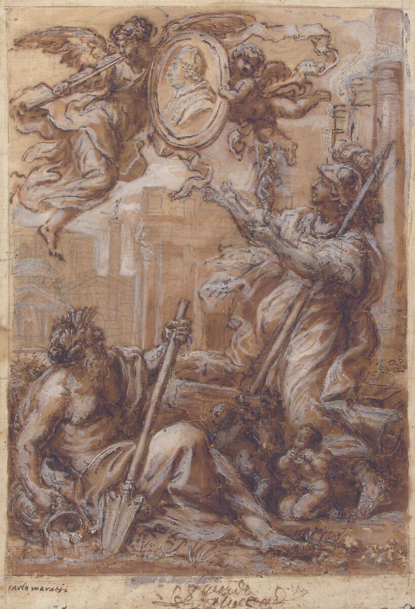 Rome and the Tiber Paying Homage to a Pope (Clement XI ?), Circle of Carlo Maratti (Italian, Camerano 1625–1713 Rome), Pen and brown ink, brush and brown wash, highlighted with white, over black chalk, on beige paper