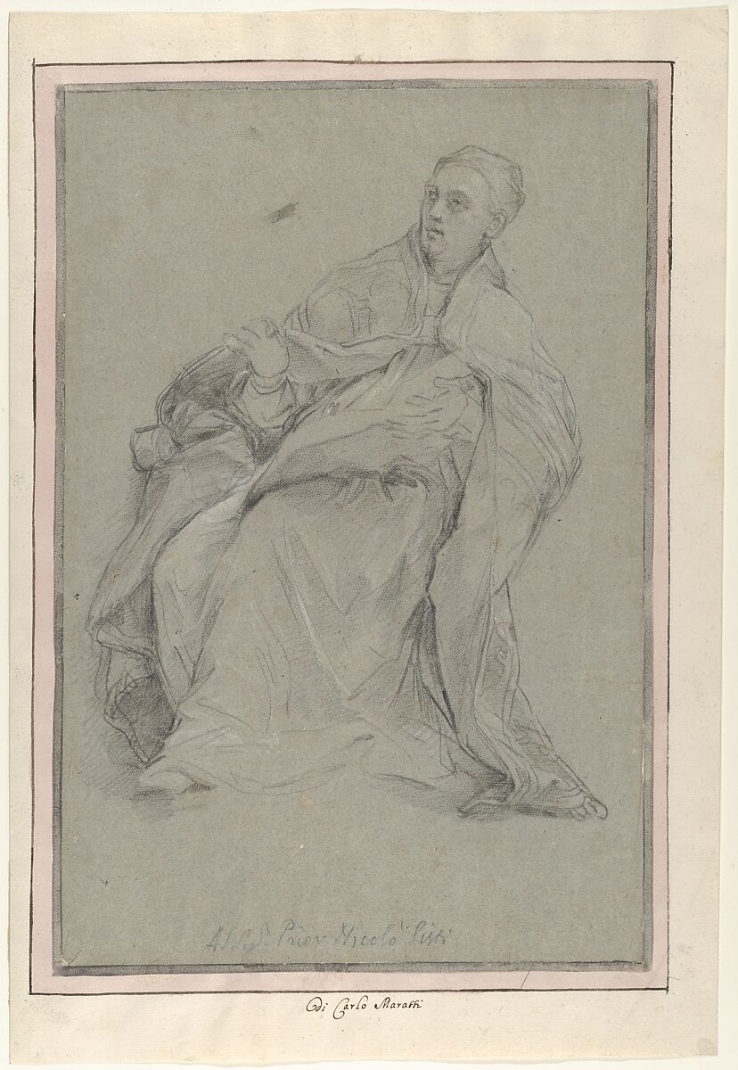 Study for a Seated Prelate (Saint Gregory the Great), Carlo Maratti (Italian, Camerano 1625–1713 Rome), Black chalk, highlighted with white chalk, on blue-gray paper