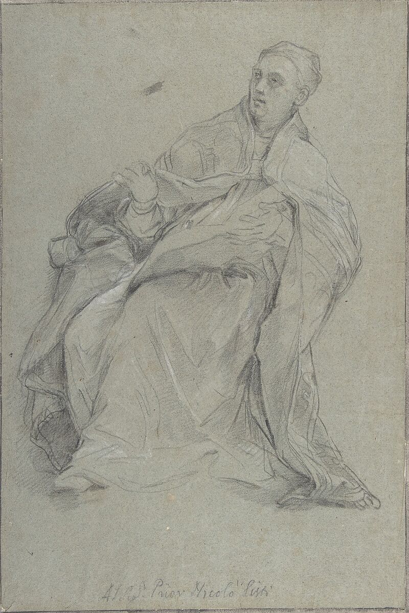 Study for a Seated Prelate (Saint Gregory the Great), Carlo Maratti (Italian, Camerano 1625–1713 Rome), Black chalk, highlighted with white chalk, on blue-gray paper 