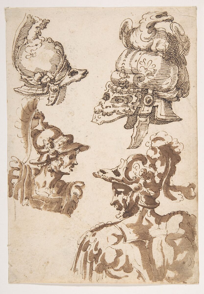 Studies of Two Helmets and of Two Soldiers Wearing Helmets, Marco Marchetti (Marco da Faenza) (Italian, Faenza before 1528–1588 Faenza), Pen and brown ink, brush and brown wash 
