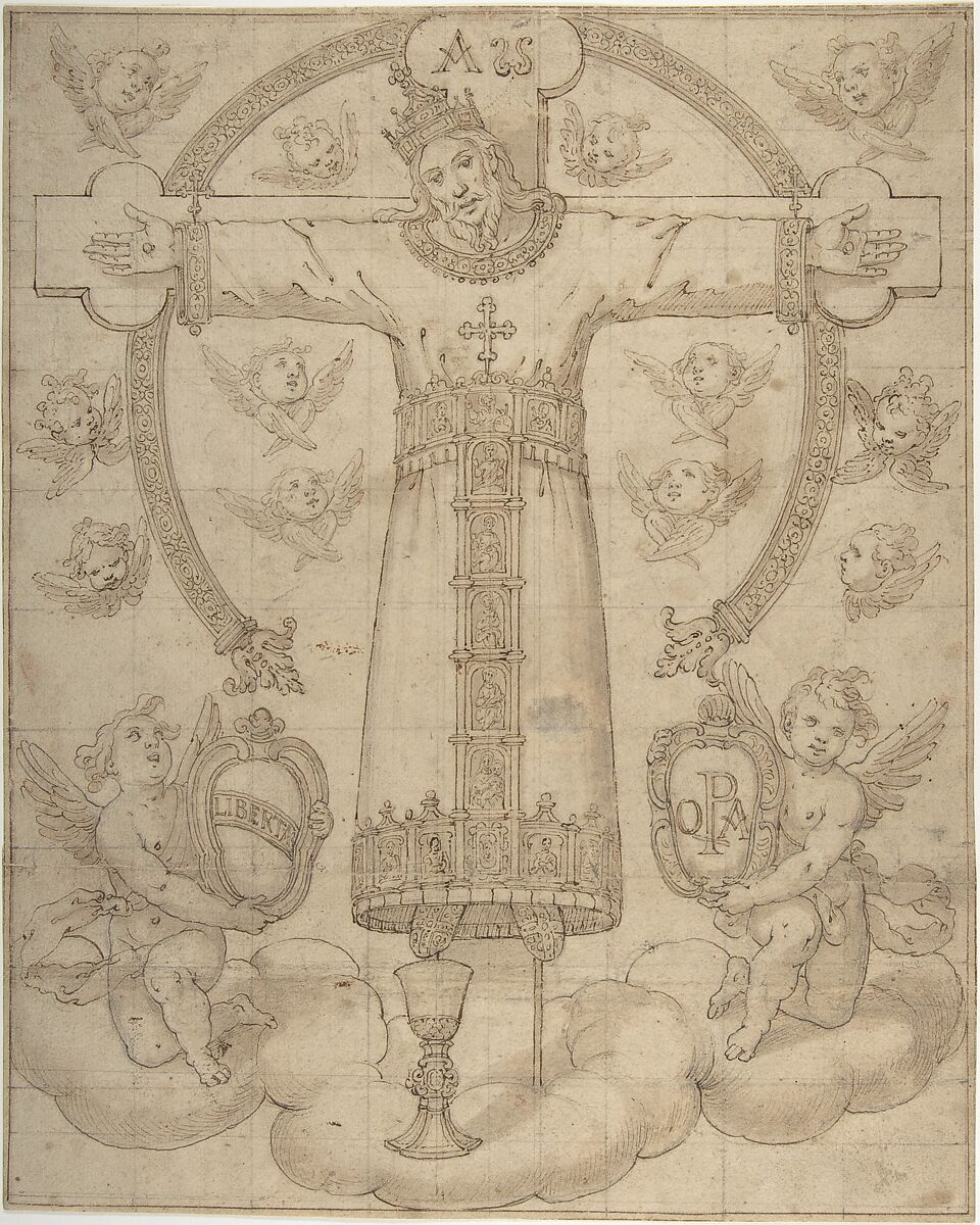 The Volto Santo of Lucca, Anonymous, Italian, Tuscan, 16th century, Pen and dark brown ink, brush and brown wash, over traces of black chalk on light tan paper; squared in black chalk (with some corrections to squaring grid); framing lines in pen and dark brown ink apparently by artist 