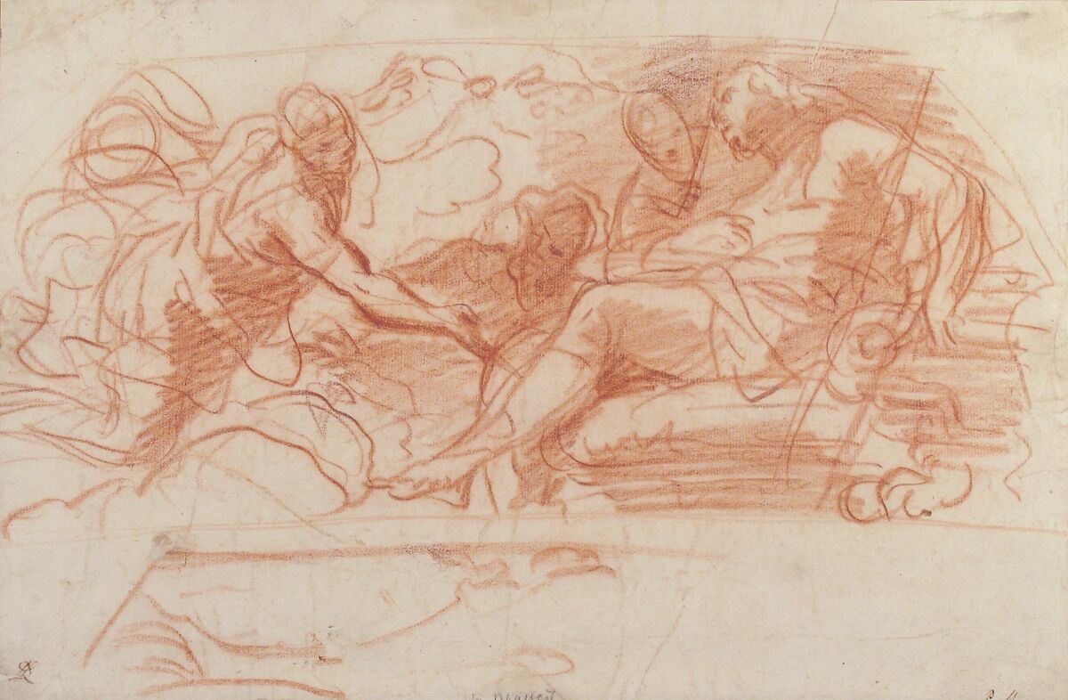 Flying Figure Appearing before an Enthroned Figure, Paolo De Matteis (Italian, Piano del Cilento 1662–1728 Naples), Red chalk