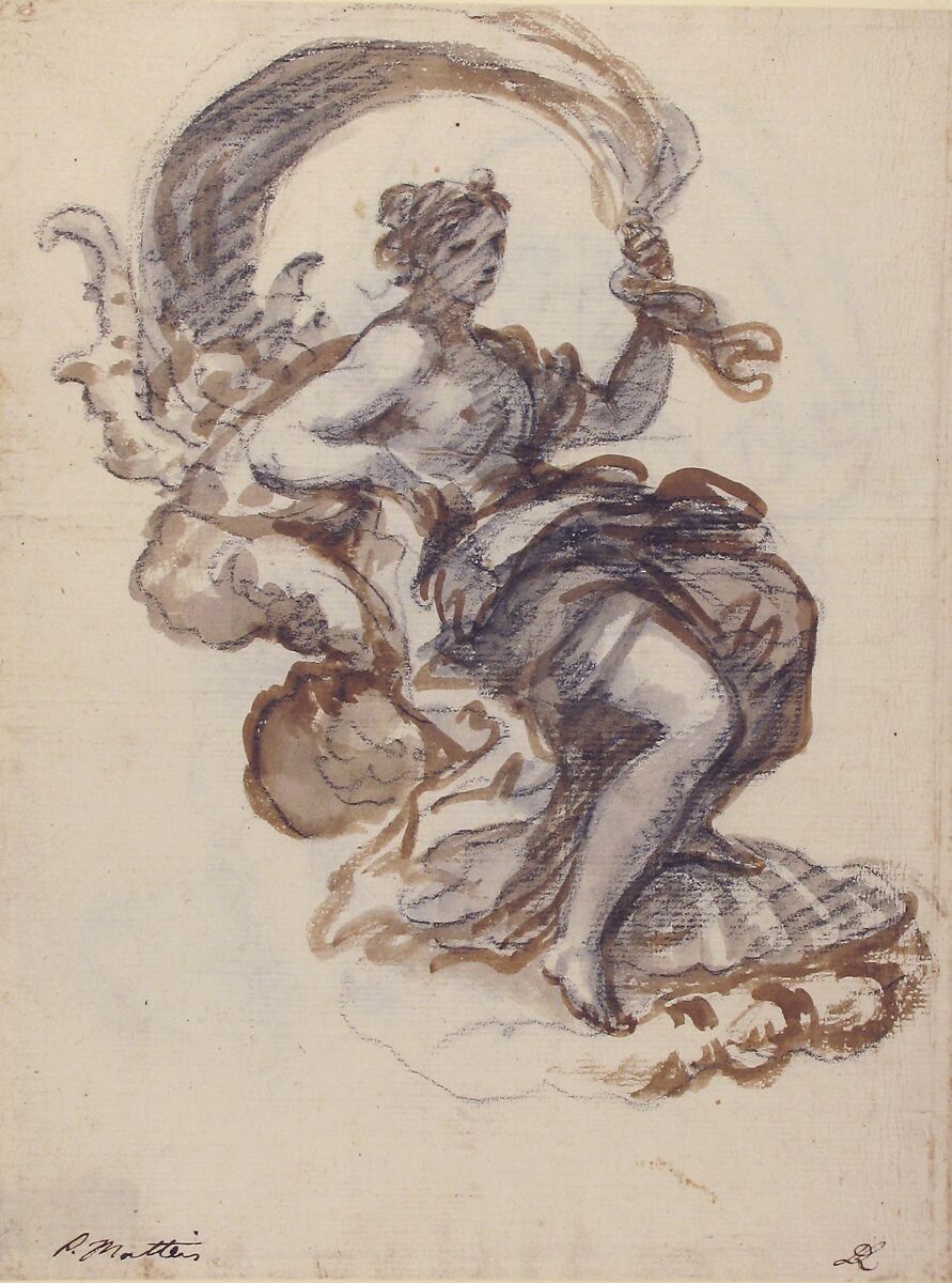 Studies of a Reclined Woman on a Seashell, for the Triumph of Galatea (recto and verso), Paolo De Matteis (Italian, Piano del Cilento 1662–1728 Naples), Brush and brown wash, over black chalk (recto); black chalk (verso)
