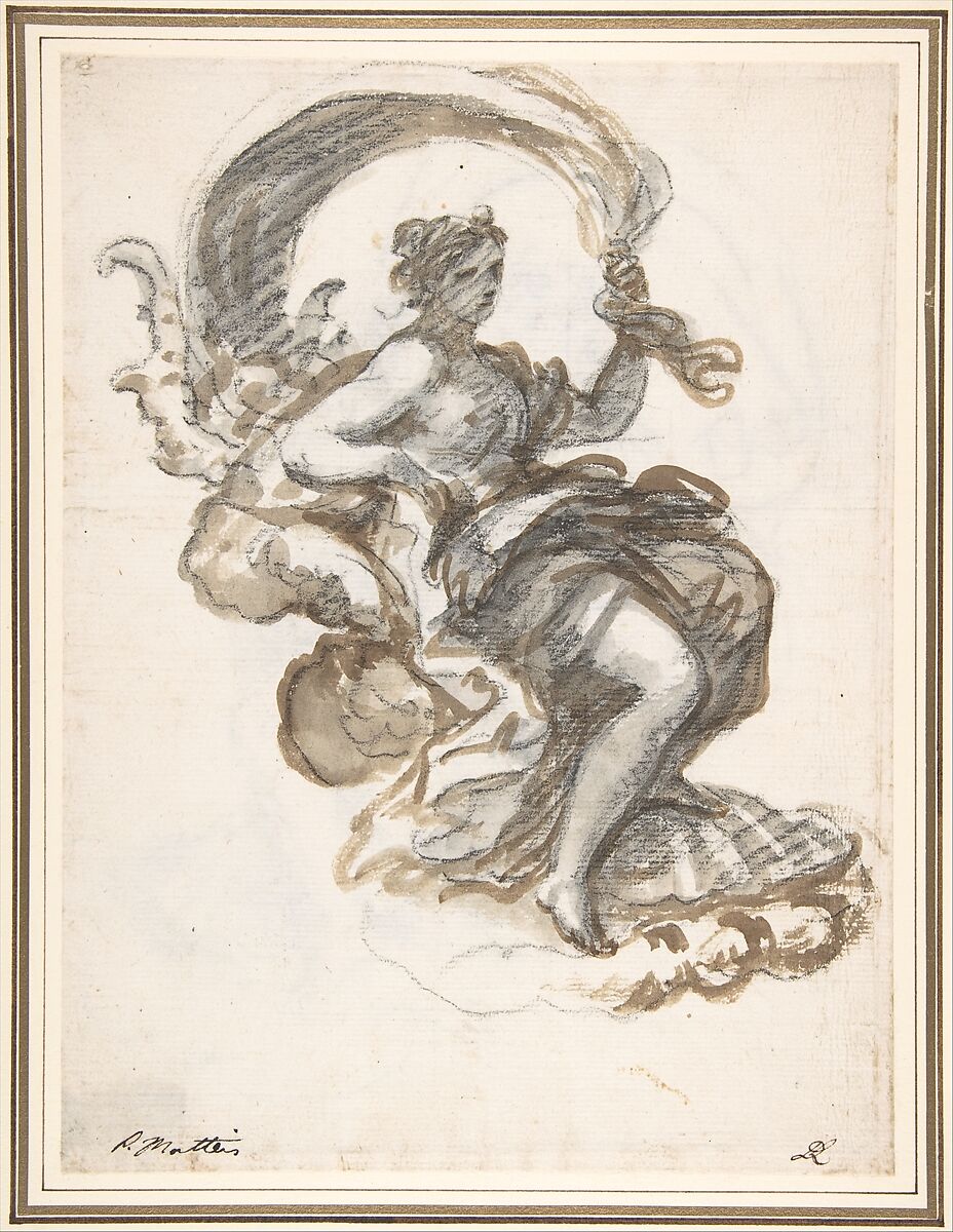 Studies of a Reclined Woman on a Seashell, for the Triumph of Galatea (recto and verso), Paolo De Matteis (Italian, Piano del Cilento 1662–1728 Naples), Brush and brown wash, over black chalk (recto); black chalk (verso) 