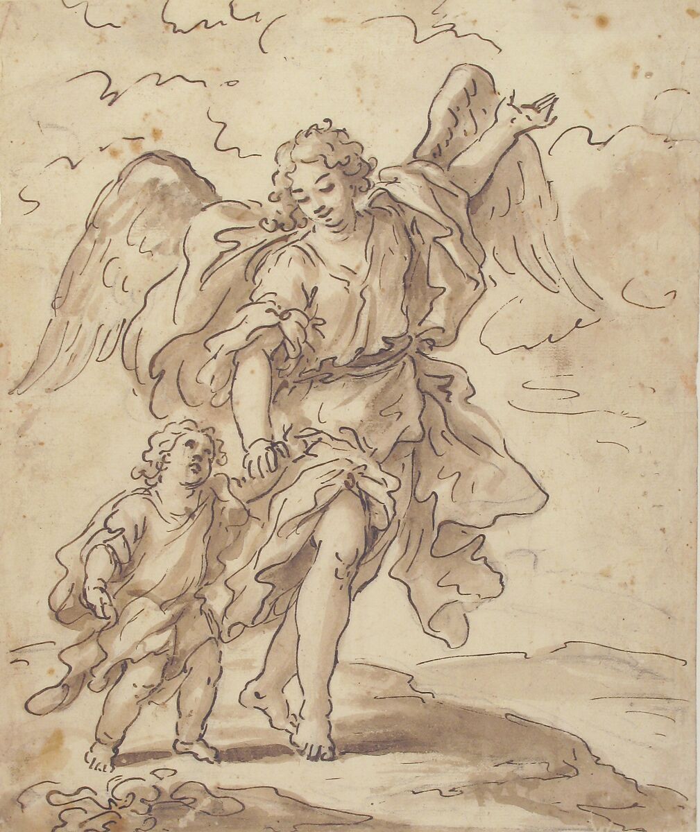 Tobias and the Angel, attributed to Paolo De Matteis (Italian, Piano del Cilento 1662–1728 Naples) (?), Pen and brown ink, brush and wash over traces of black chalk