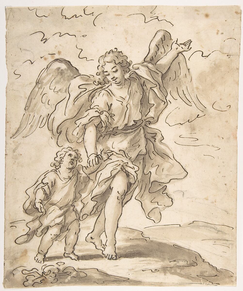 Tobias and the Angel, attributed to Paolo De Matteis (Italian, Piano del Cilento 1662–1728 Naples) (?), Pen and brown ink, brush and wash over traces of black chalk 