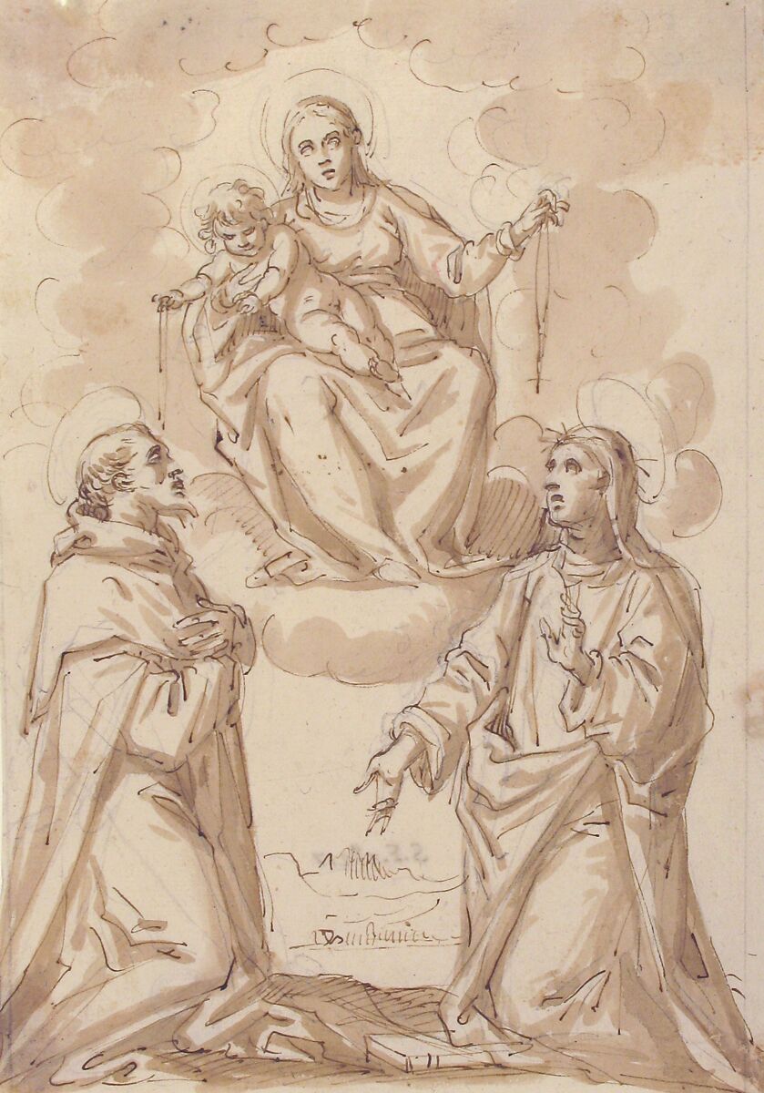 The Virgin and Child with Chaplets Appearing to Saint Dominic and Saint Catherine of Siena, Pietro Mera ("Il Fiammingo") (Italian, Brussels 1570–documented 1639 Florence and Venice), Pen and brown ink, brush and brown wash, over black chalk