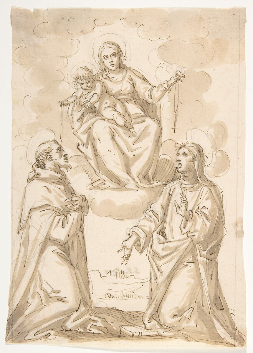 The Virgin and Child with Chaplets Appearing to Saint Dominic and Saint Catherine of Siena, Pietro Mera ("Il Fiammingo") (Italian, Brussels 1570–documented 1639 Florence and Venice), Pen and brown ink, brush and brown wash, over black chalk 