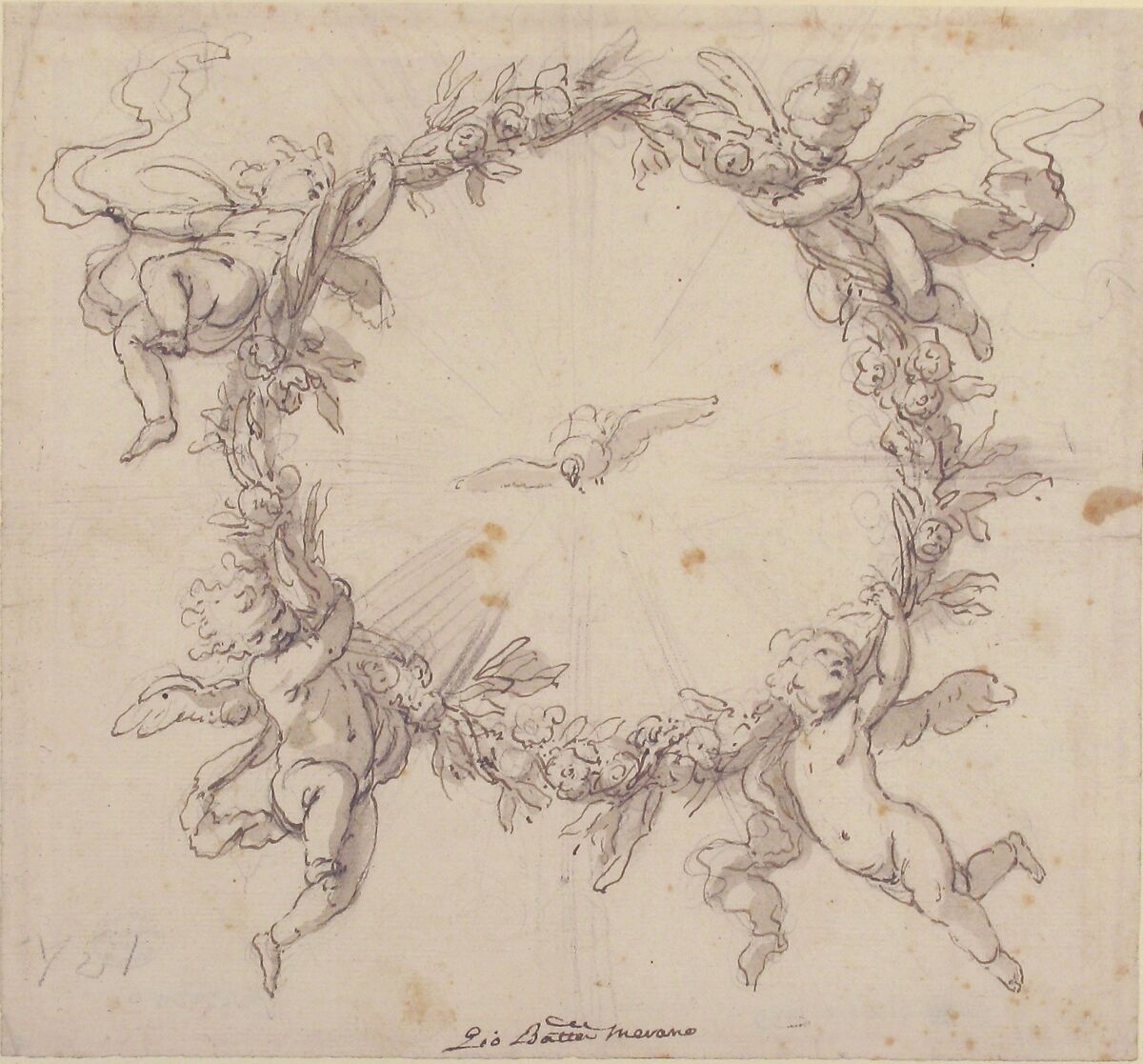 The Holy Spirit Surrounded by a Wreath of Flowers Held up by Infant Angels, Giovanni Battista Merano (Italian, Genoa 1632–1698 Piacenza), Pen and brown ink, brush and brown wash, over black chalk