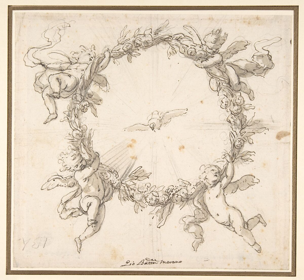 The Holy Spirit Surrounded by a Wreath of Flowers Held up by Infant Angels, Giovanni Battista Merano (Italian, Genoa 1632–1698 Piacenza), Pen and brown ink, brush and brown wash, over black chalk 