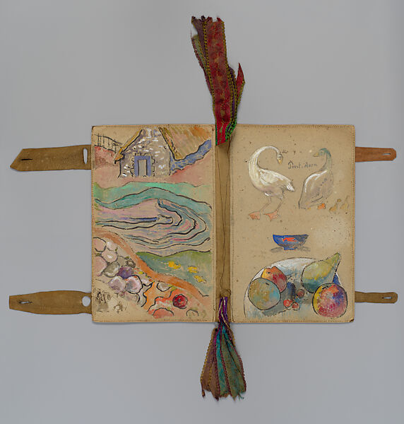 The Artist's Portfolio, Pont Aven, Paul Gauguin  French, Two inside covers decorated in watercolor and gouache over charcoal with graphite on heavy gray wove (blotting) paper sewn to leather; leather binding inscribed in pen and ink with additions in watercolor; multicolored silk ribbons stitched into binding.