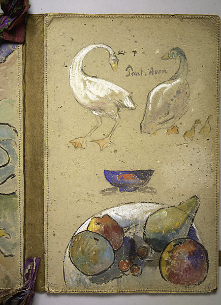 The Artist's Portfolio, Pont Aven, Paul Gauguin (French, Paris 1848–1903 Atuona, Hiva Oa, Marquesas Islands), Two inside covers decorated in watercolor and gouache over charcoal with graphite on heavy gray wove (blotting) paper sewn to leather; leather binding inscribed in pen and ink with additions in watercolor; multicolored silk ribbons stitched into binding.