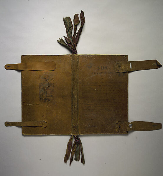 The Artist's Portfolio, Pont Aven, Paul Gauguin (French, Paris 1848–1903 Atuona, Hiva Oa, Marquesas Islands), Two inside covers decorated in watercolor and gouache over charcoal with graphite on heavy gray wove (blotting) paper sewn to leather; leather binding inscribed in pen and ink with additions in watercolor; multicolored silk ribbons stitched into binding.