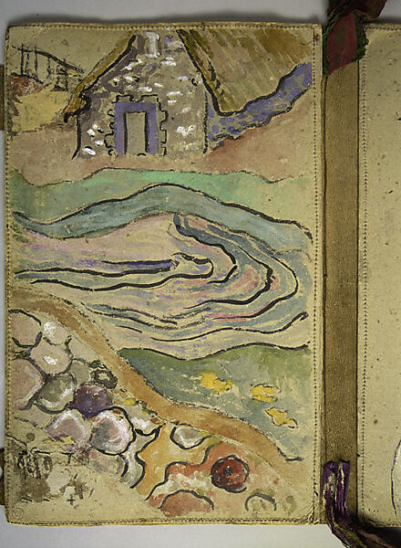 The Artist's Portfolio, Pont Aven, Paul Gauguin (French, Paris 1848–1903 Atuona, Hiva Oa, Marquesas Islands), Two inside covers decorated in watercolor and gouache over charcoal with graphite on heavy gray wove (blotting) paper sewn to leather; leather binding inscribed in pen and ink with additions in watercolor; multicolored silk ribbons stitched into binding.